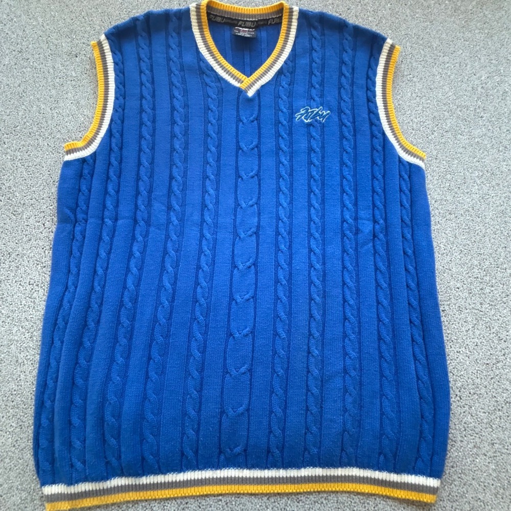 FUBU Sweater Vest Mens XXXL Blue Cable Knit V-Neck Striped VTG Tennis Golf - Picture 2 of 10